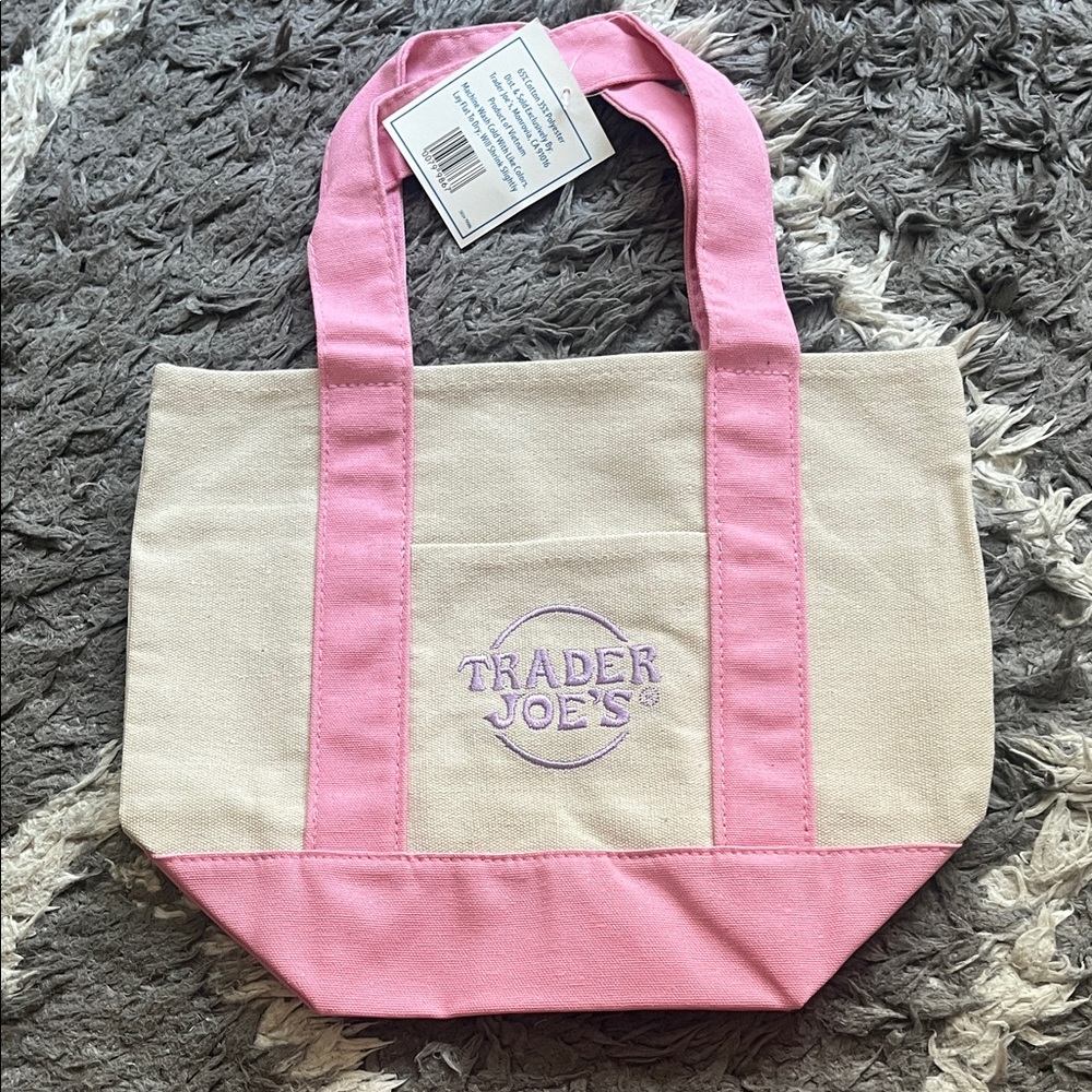 Trader Joe’s mini pastel canvas tote bag. Pink. Cream. New with tags.
